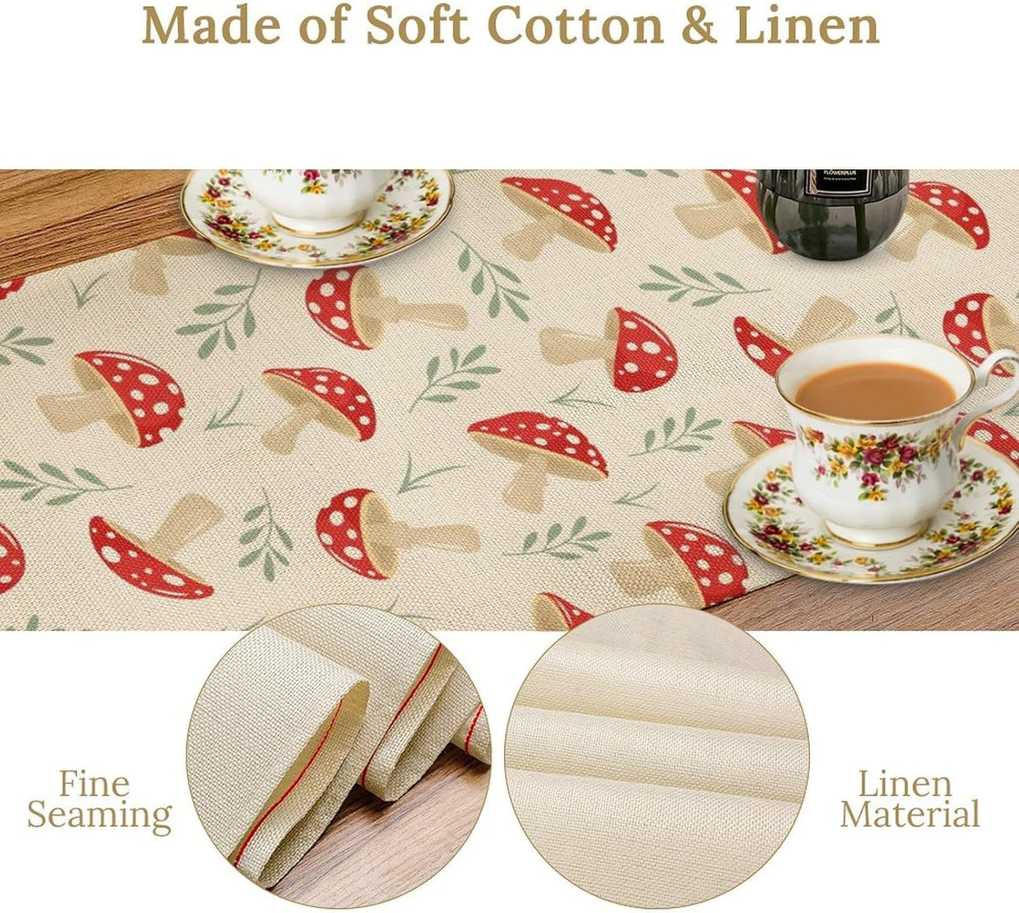 Mushroom Table Runner,Vintage Plant Print Table Runner for Kitchen Dining Table Home Party Decoration 13x36 Inch