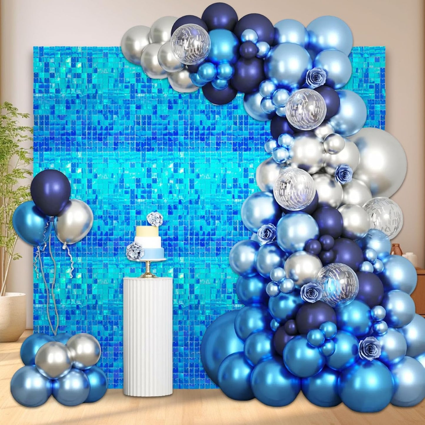 24PCS Colorful Lake Blue Shimmer Wall Backdrop, Square Sequin Photo Backdrops Panel, Glitter Wall Background for Birthdays, Weddings, Christmas, Engagements, Disco Bachelorette Party Decor (3FTx4FT)