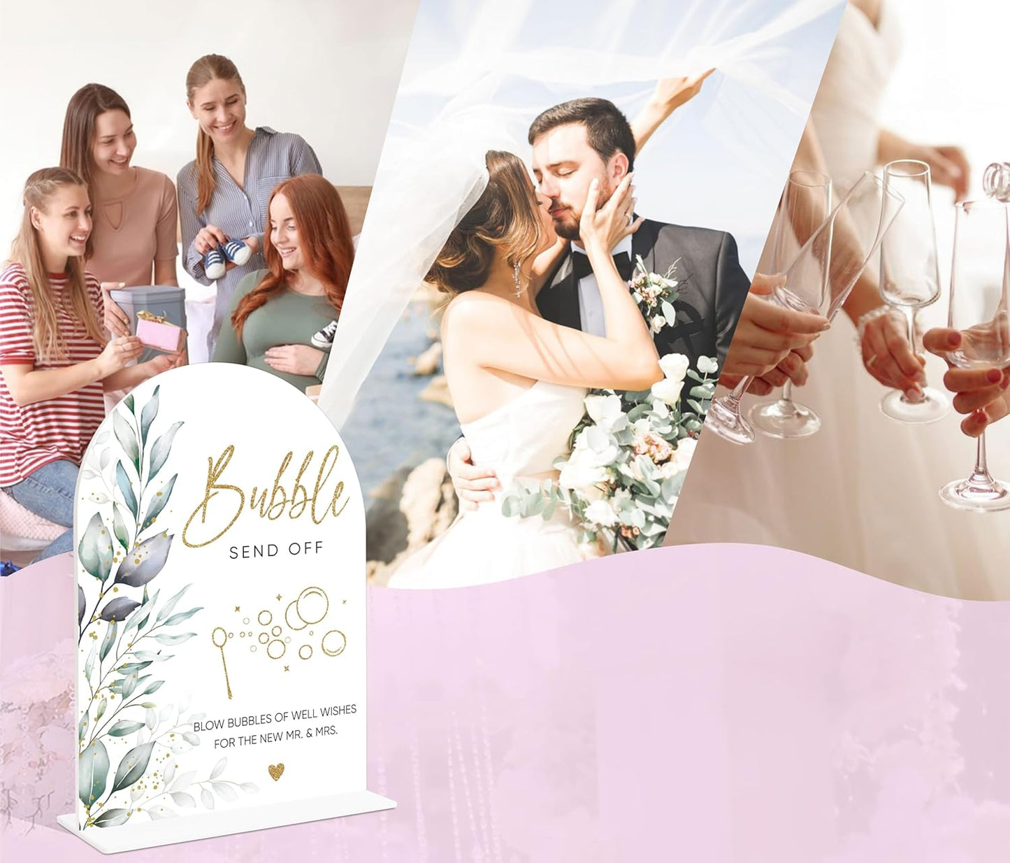 Acrylic Wedding Signs, Greenery Theme Bubbles Send Off Sign, Wedding Reception Signage, Bridal Shower Table Decor with Stand, Engagement, Anniversary, Newlywed Events and Parties Supplies, 14