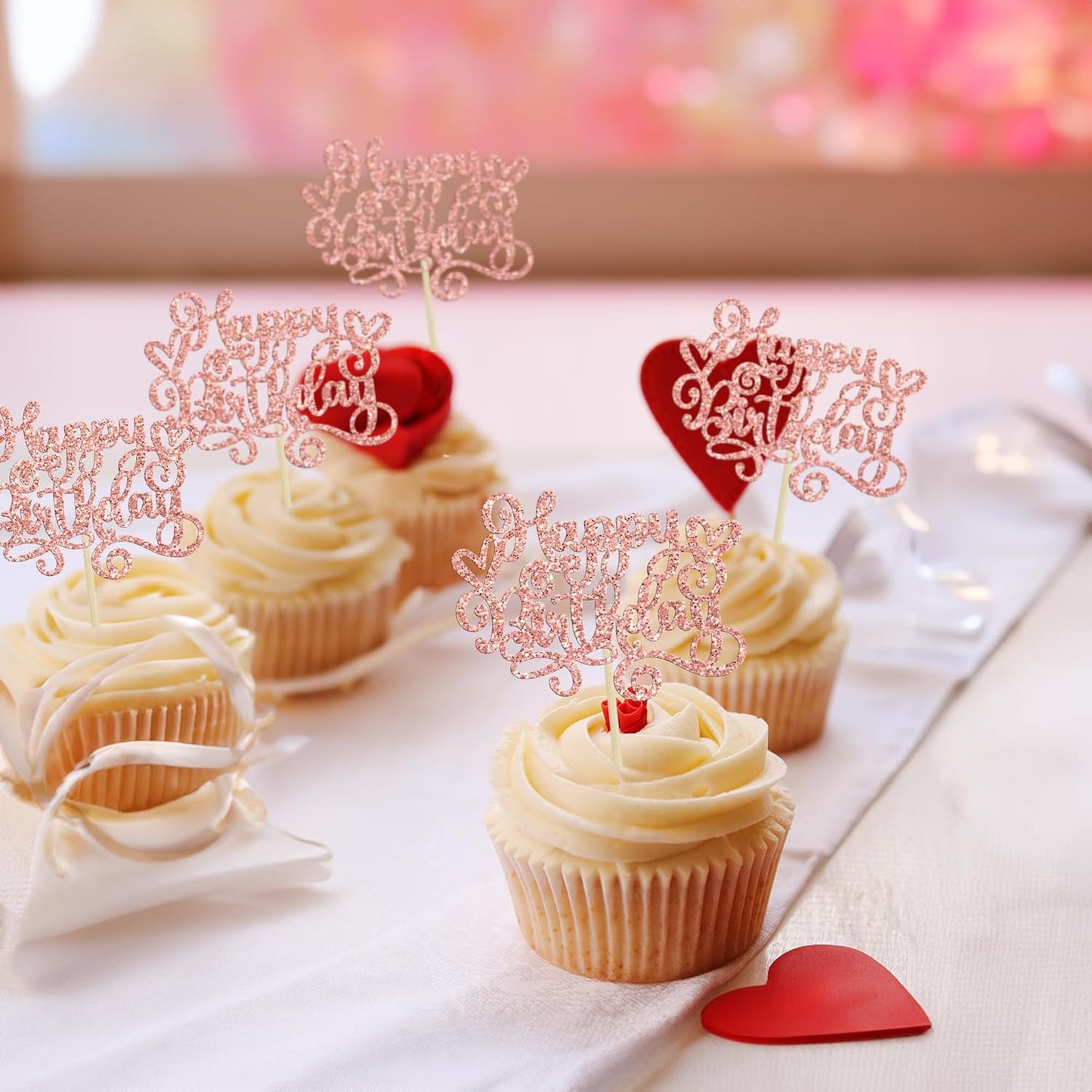Gyufise 24Pcs Happy Birthday Cupcake Toppers Glitter Happy Birthday Cupcake Picks for Celebrating Happy Birthday Anniversary Theme Party Cake Decorations Supplies Rose Gold