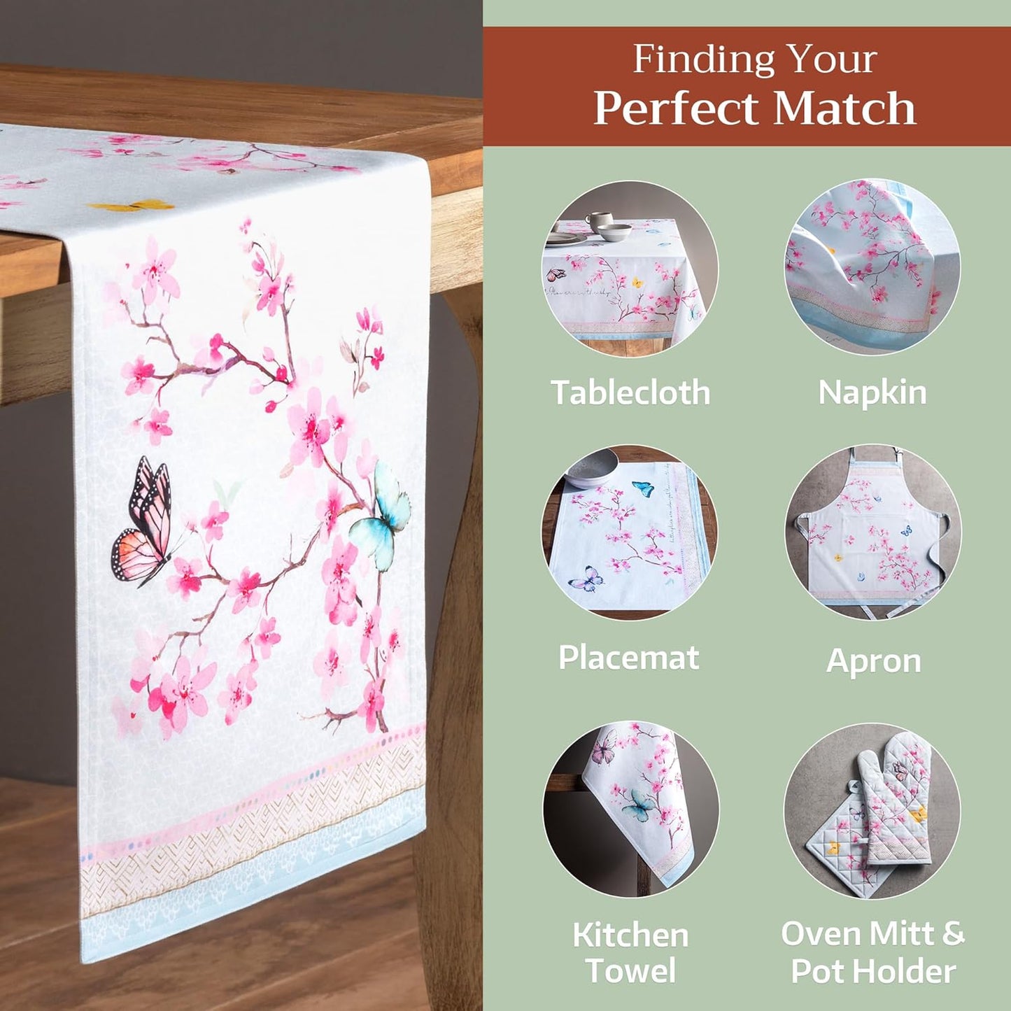 Maison d' Hermine Table Runner 100% Cotton Double Layer Table Runners 108 inches Long Decorative for Home Kitchen Dining Party Wedding Bridal Shower Spring Summer (Blossoms in Spring, 14.50" x 108")