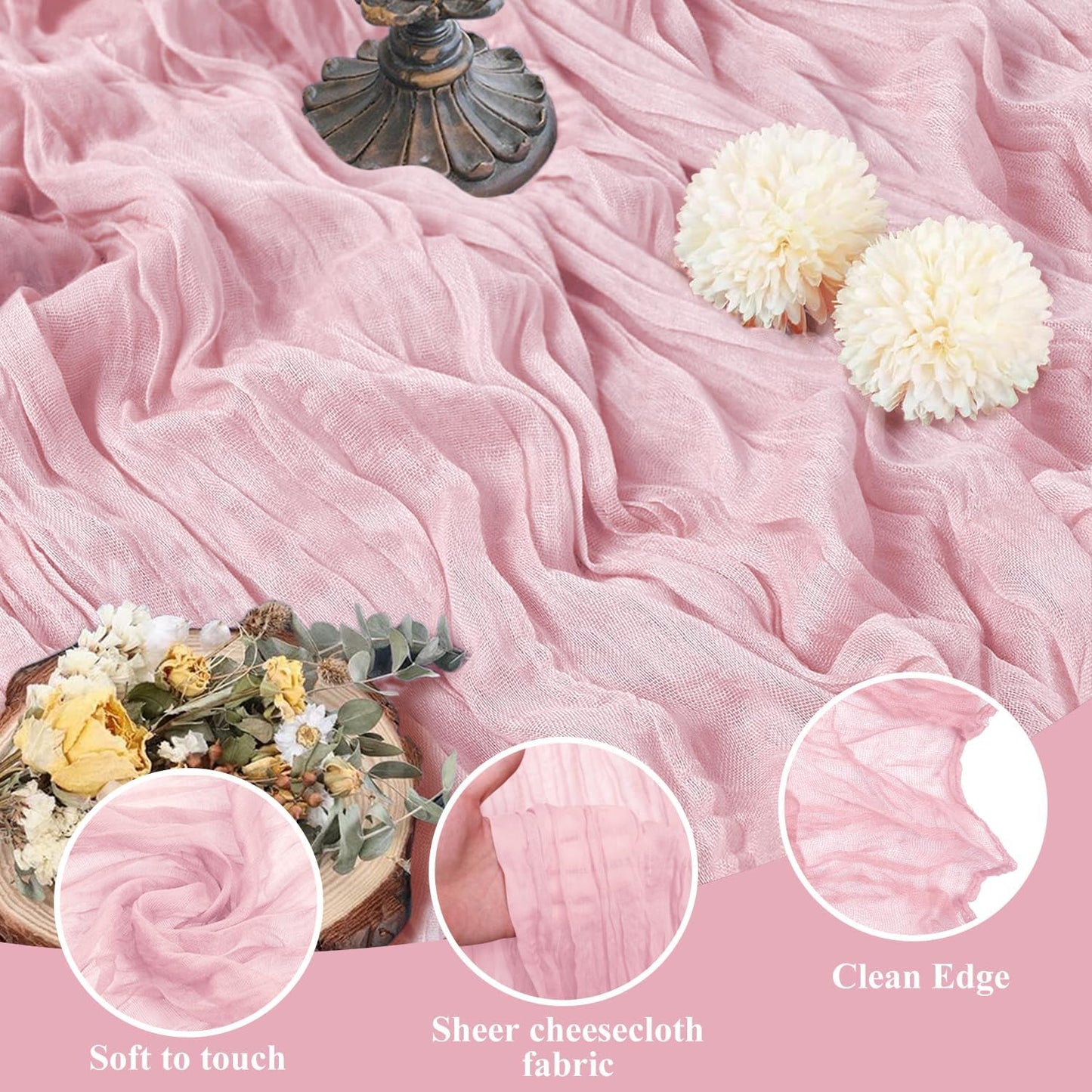 Asee'm 4pcs Cheesecloth Table Runner 120 Inches Blushing Pink Boho Gauze Cheese Cloth Runner 10FT Rustic Sheer Table Runners for Summer Wedding Baby Shower Holiday Party Decoration
