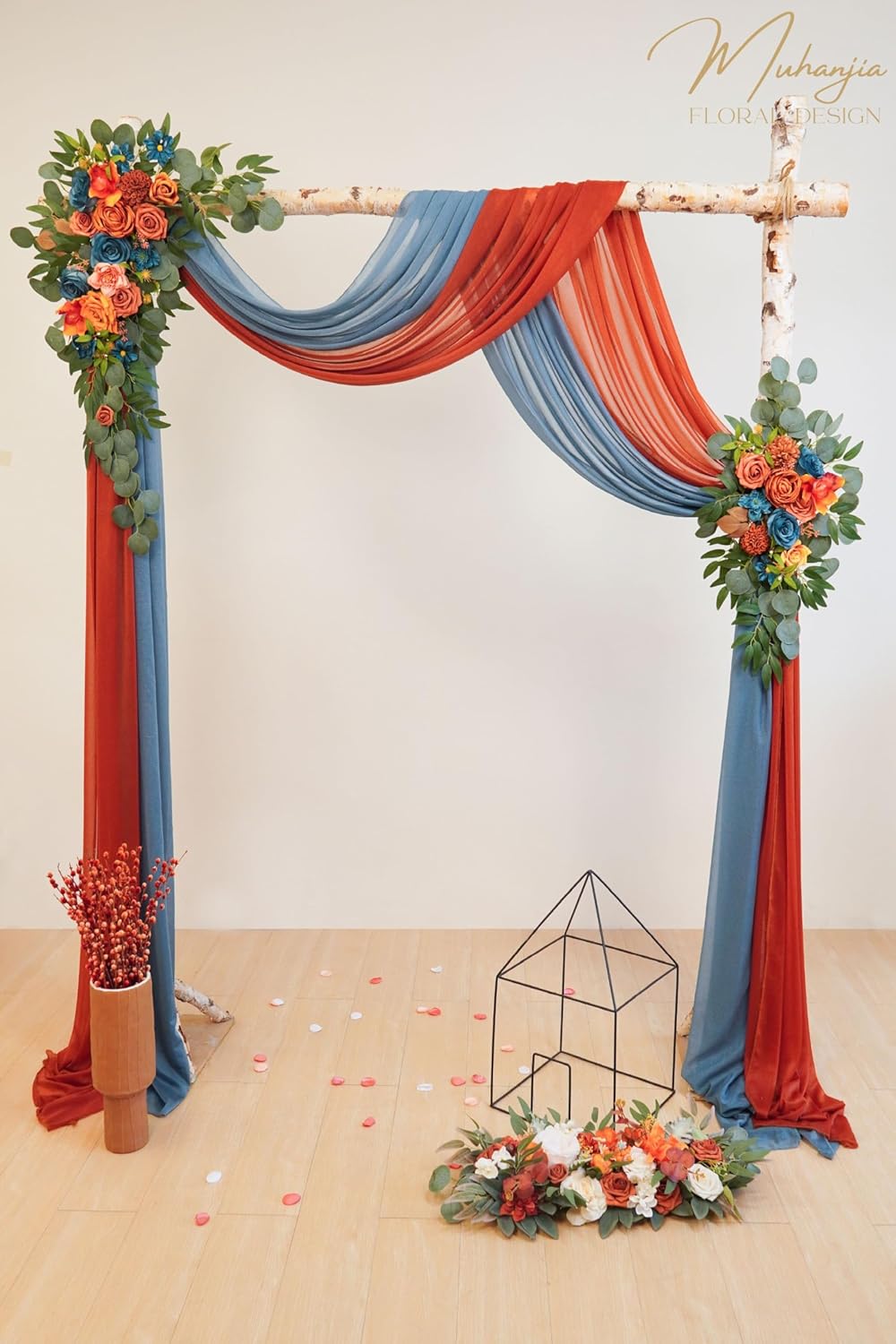 Artificial Wedding Arch Flowers Kit(Pack of 4),2Pcs Artificial Flower Arch Decor, 2Pcs Chiffon Fabric Drapes, Ceremony Decoration, Floral Outdoor Party Decor (Burnt Orange & Dark Teal)