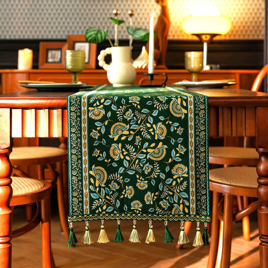 13×72 Inch Table Runner, Retro-Luxury Tassels Series for Kitchen Dining Table Holiday Decoration (Green Branch)