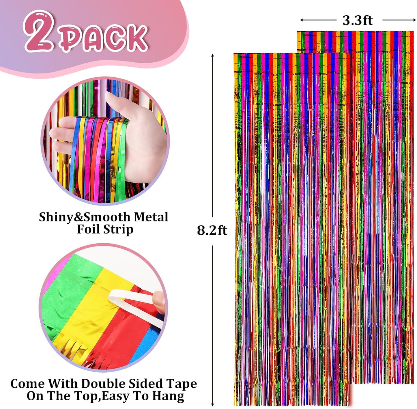 2 Pack 3.3x8.2 Feet Rainbow Foil Fringe Backdrop Curtains, Tinsel Streamers Birthday Party Decorations, Fringe Backdrop for Graduation, Baby Shower, Gender Reveal, Disco Party
