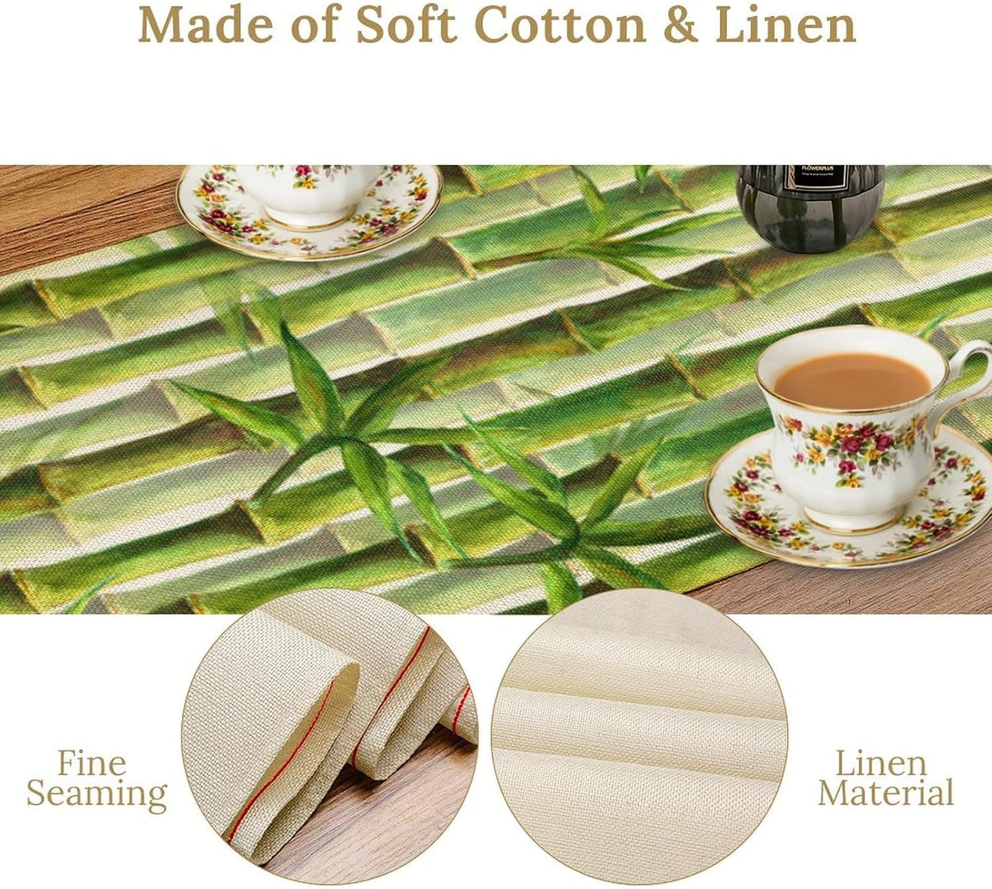 Bamboo Table Runner,Green Plant Print Table Runner for Kitchen Dining Table Home Party Decoration 13x36 Inch