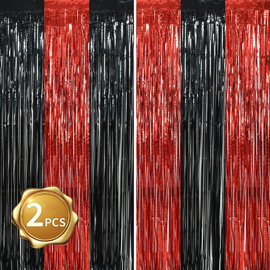 BEISHIDA 2 Pcs Red and Black Door Streamers Foil Curtain Red and Black Party Decoration Backdrop for Casino Theme Scream Party Graduation Birthday Party Decorations (3.28 ft x 6.56 ft)