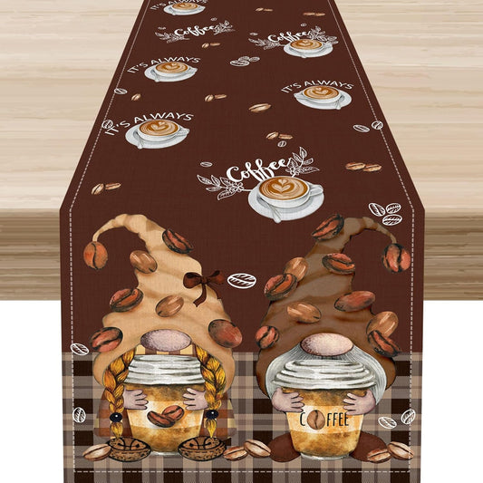 Coffee Time Table Runner, Farmhouse Retro Gnome Coffee Cup Tea Party Cafe Brwon Table Center Decor for Home Kitchen Dining Patio Holiday Party Indoor Outdoor Table Decorations,13"x36" Inch