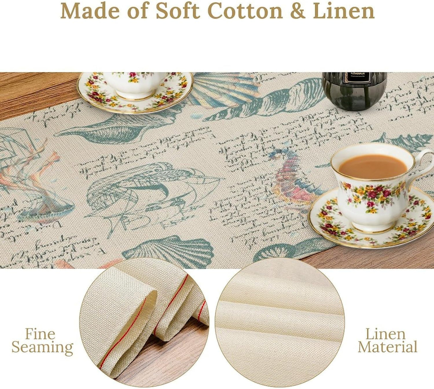 Starfish Table Runner,Seashells Beach Coastal Nautical Sailboat Jellyfish Vintage Hand Drawn Burlap for Hotel Indoors Outdoor Dining Room Kitchen Table Decor, 13x90in