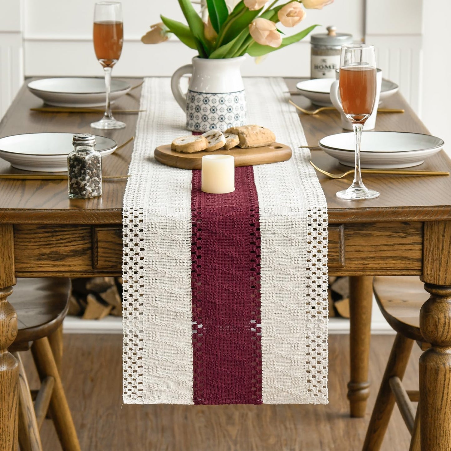 Artoid Mode Red Farmhouse Rustic Table Runner, Seasonal Holiday Hollow Kitchen Dining Table Decoration for Home Party Decor 12x48 Inch