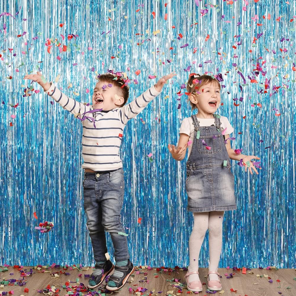 GOER 3.2 ft x 8.2 ft Metallic Tinsel Foil Fringe Curtains Party Photo Backdrop Party Streamers for Birthday,Graduation,New Year Eve Decorations Wedding Decor (4 Packs,Blue)
