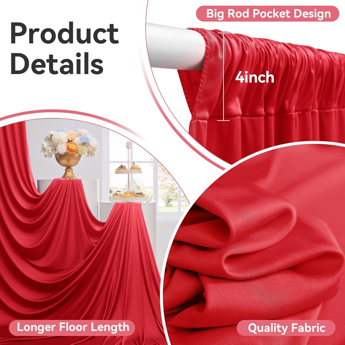10ftx14FT Wrinkle Free Red Backdrop Curtain, 2 Panels 14FT Height Red Wedding Backdrop Drapes, Silky Polyester Back Drop Cloth for Birthday Photography Background Party Backdrop Draping