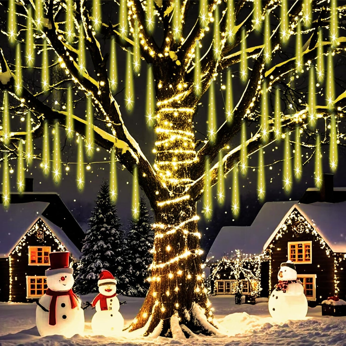 Christmas Lights Outdoor Falling Rain Meteor Shower Lights 12 inch 8 Tube 192 LED Snowfall Icicle Cascading String Light for Xmas Tree Christmas Decorations Holiday Garden, UL Plug,Warm White