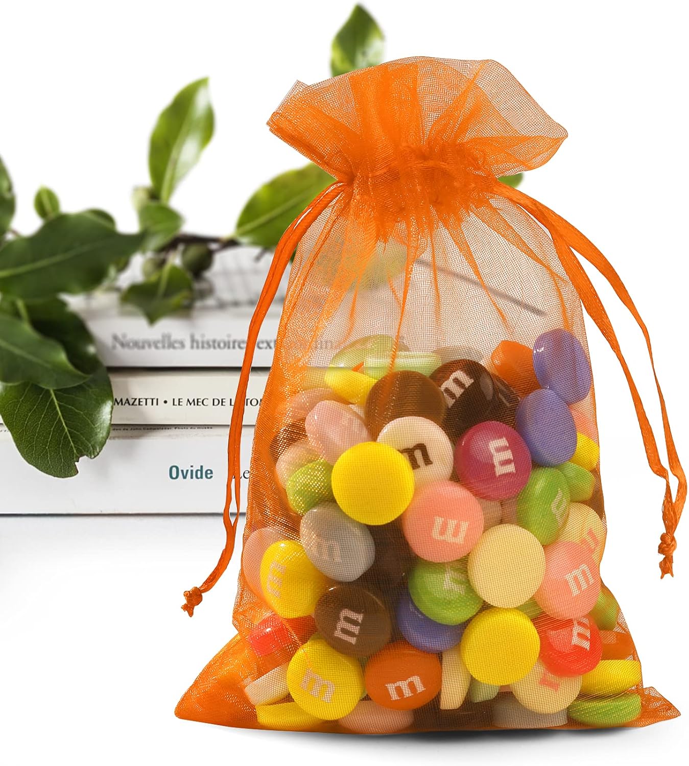 ANZNKU 50 Pack Organza Bags 4 x 6 inch Premium Sheer Drawstring Small Gift Bags for Halloween Candy Jewelry Party Wedding Halloween Christmas Favor (Orange)