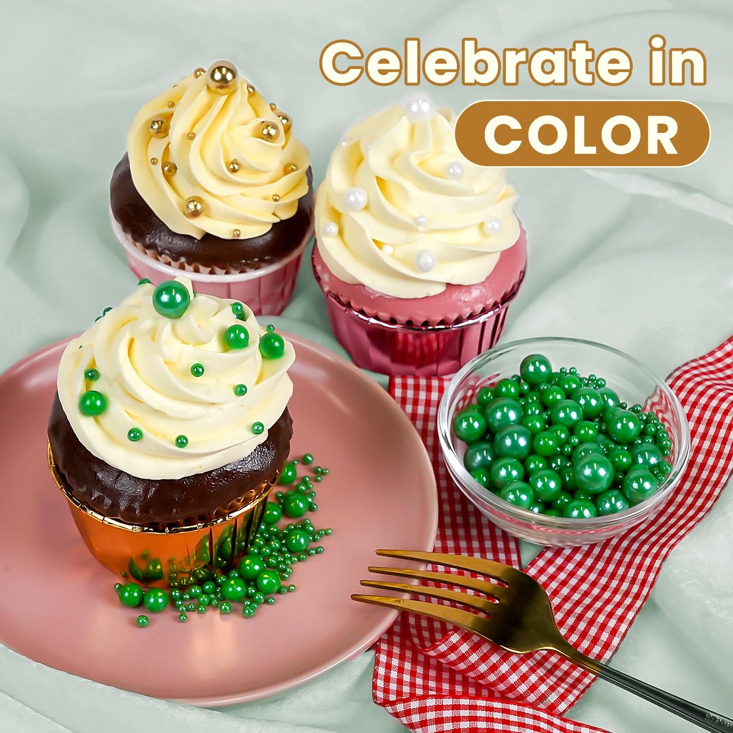 Christmas Edible Green Pearl Sprinkles, Edible Sugar Pearls for Cake Decorating, Cake Decorations, Cupcake Toppers, 180g/6.35oz, Mix Size, Wedding Party Halloween Christmas Supplies