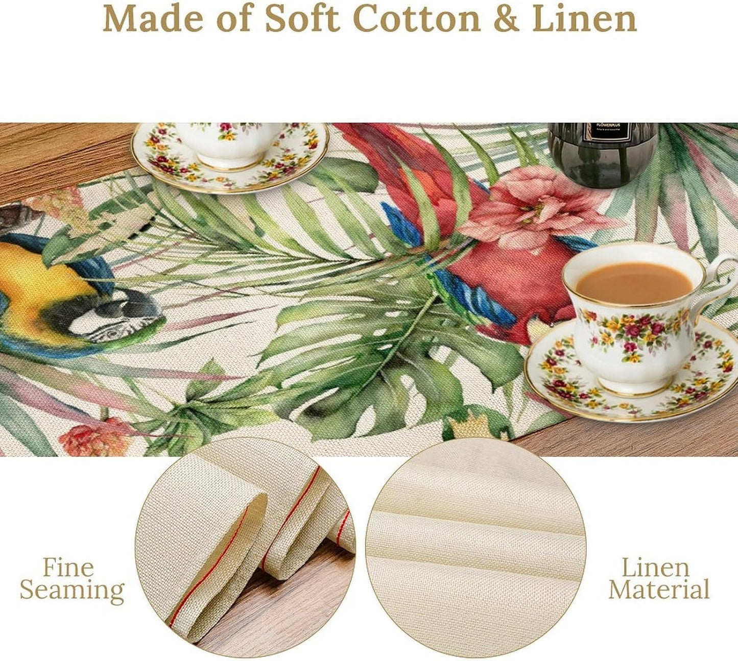 Parrot Table Runner,Tropical Palm Leaf Colorful Macaw Bird Watercolor Print Tablecloth Burlap for Hotel Indoors Outdoor Dining Room Kitchen Home Decor,W13X L108 in