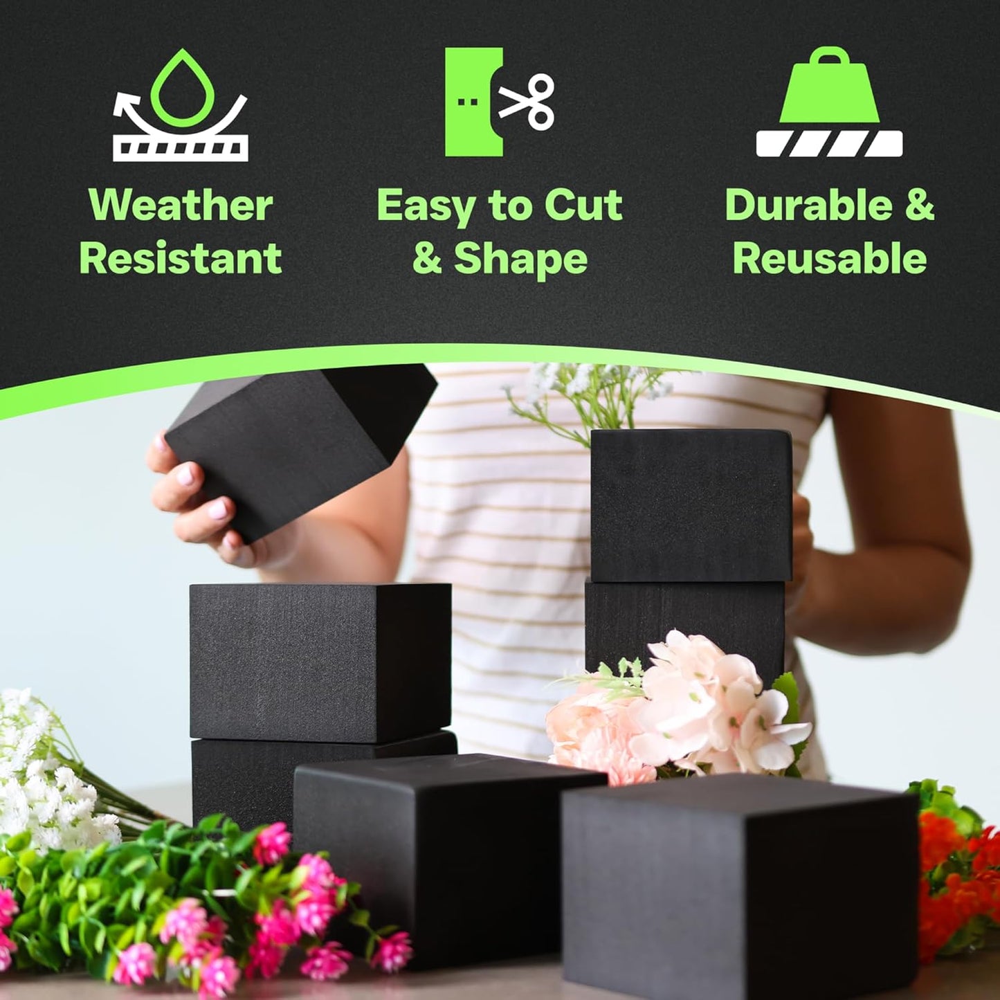XCEL Floral Foam Blocks - Reusable, Weather Resistant Foam - Perfect for Fresh & Artificial Flower Arrangements, Crafts, Planter Boxes, Home Decor & More - 8-Pk, Black (4” x 4” x 3”)