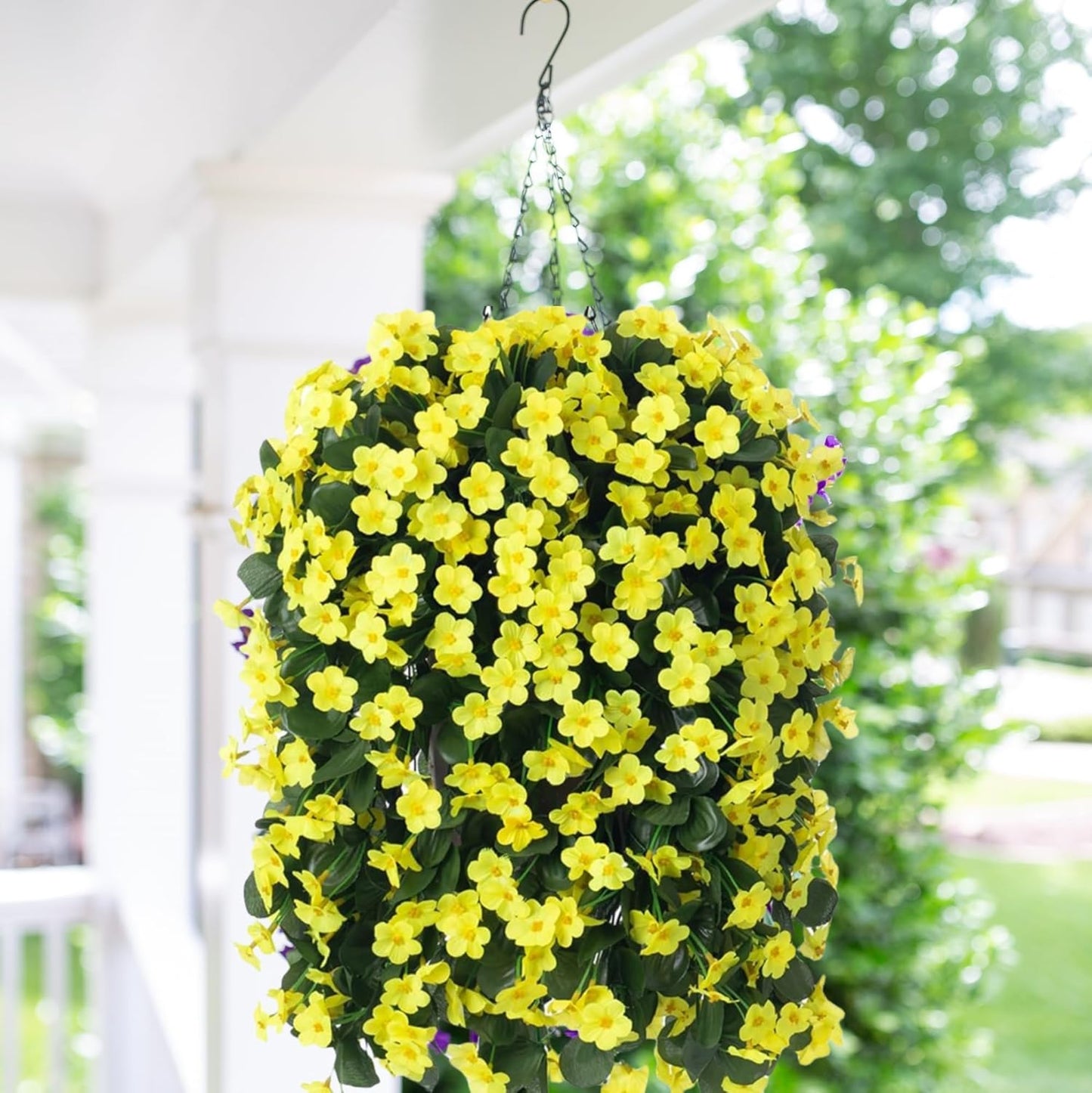 HyeFlora Artificial Fake Hanging Outdoor Flowers Plants Basket, Faux Silk Yellow Orchid Flowers UV Resistant Realistic Hanging Planter for Outside Porch Patio Home Garden Yard Decoration