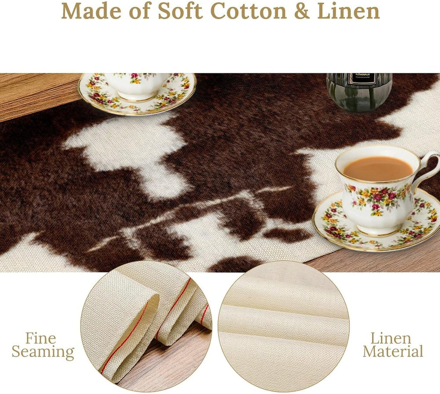 Cow Skin Print Table Runner, Safari Wildlife Brown Country Farm Cowhide Pattern Cotton Linen Rustic Cottage Table Runner for Dinning Home Party Holidays Home Setting, 13x60 Inch