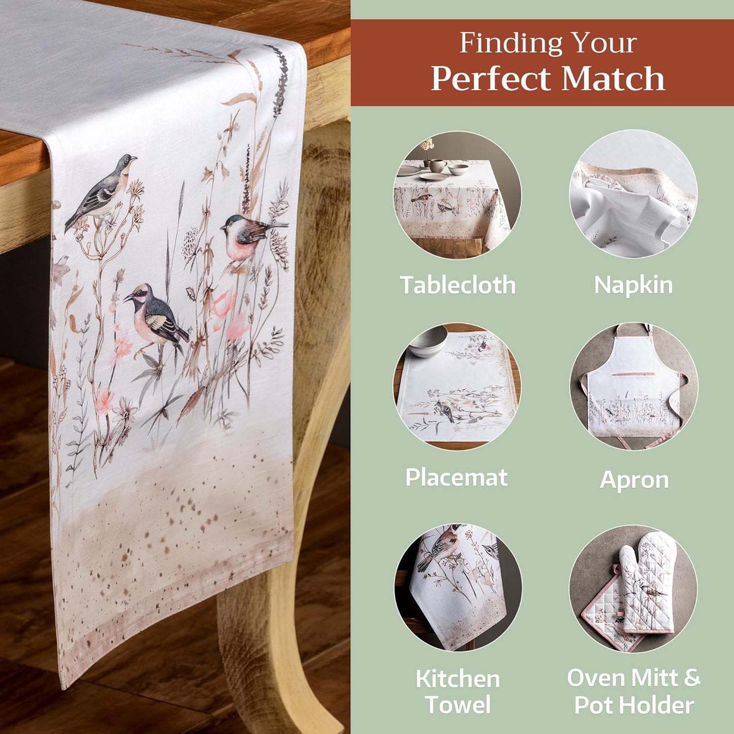 Maison d' Hermine Table Runner 100% Cotton Double Layer Table Runners 108 inches Long Decorative for Home Dining Party Wedding Bridal Shower Spring Summer (Meadow Florals - Brown, 14.50" x 108")