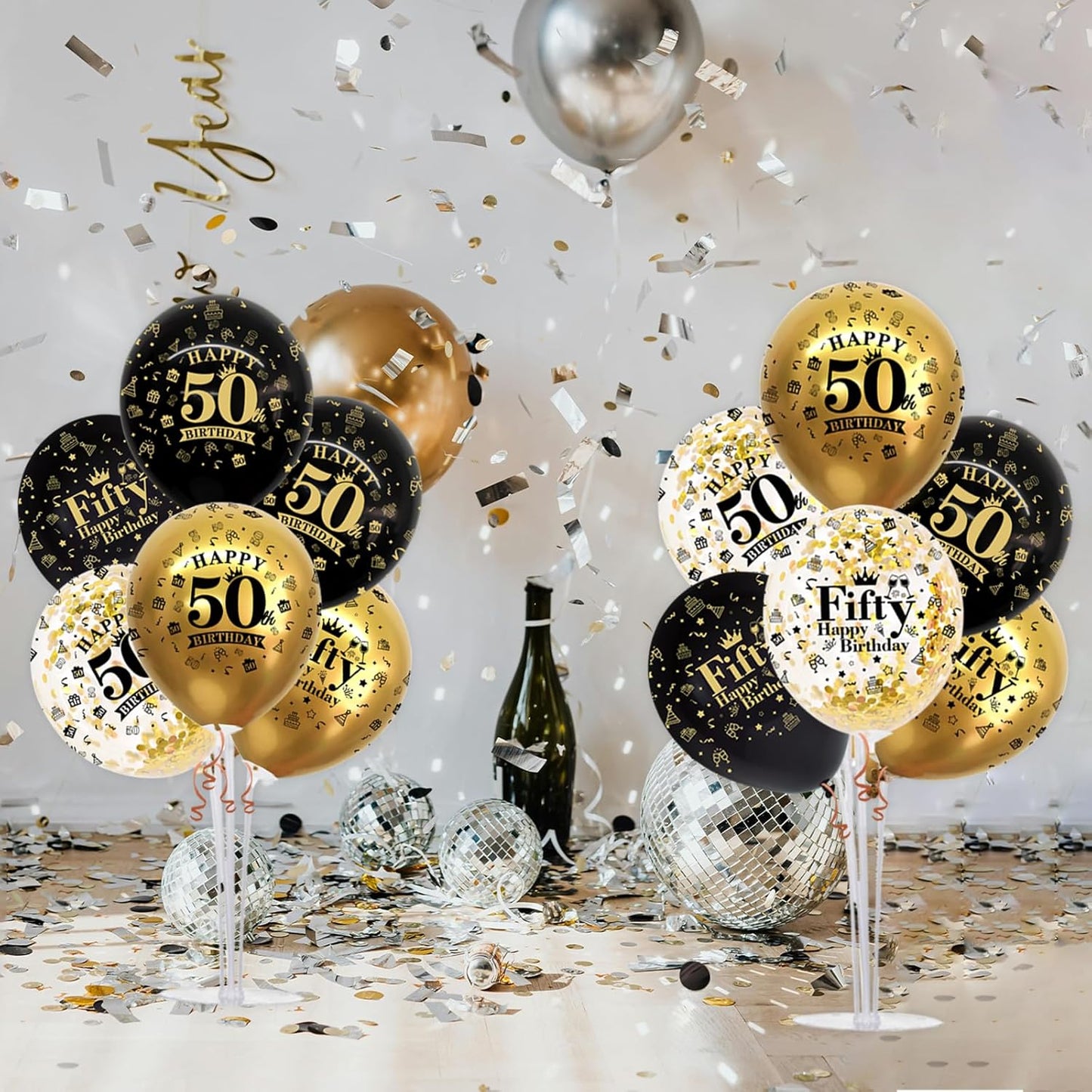 TONIFUL 4 Set Black Gold Balloon Stand Kit for Birthday Decorations for 50th,Balloon Centerpieces for Table Party Decorations Cheers to 50 Years Old Birthday for Men and Women