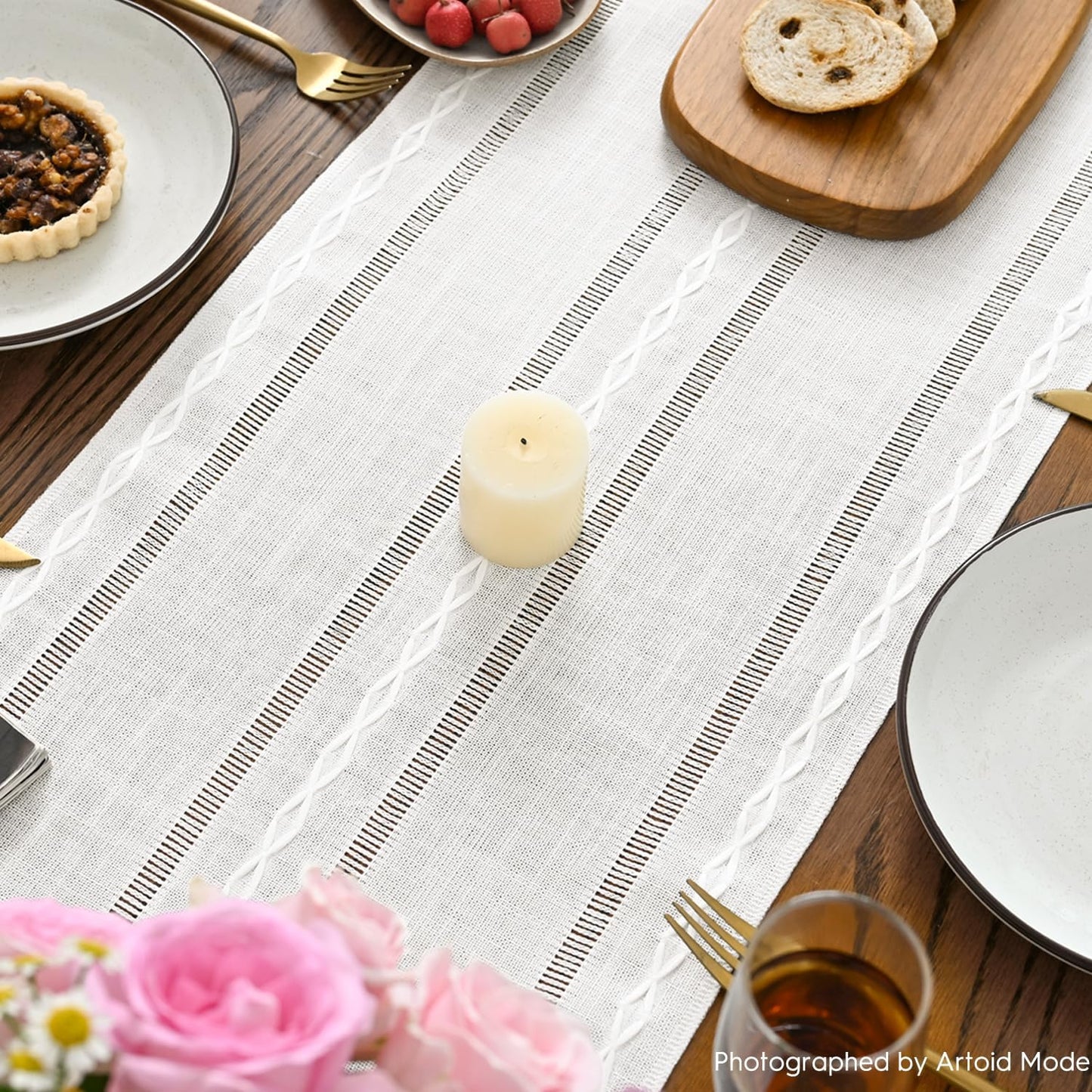 Artoid Mode Rustic Cotton Linen Table Runner, Seasonal Embroidered Hollow Kitchen Dining Table Decoration for Home Party Decor 13x60 Inch