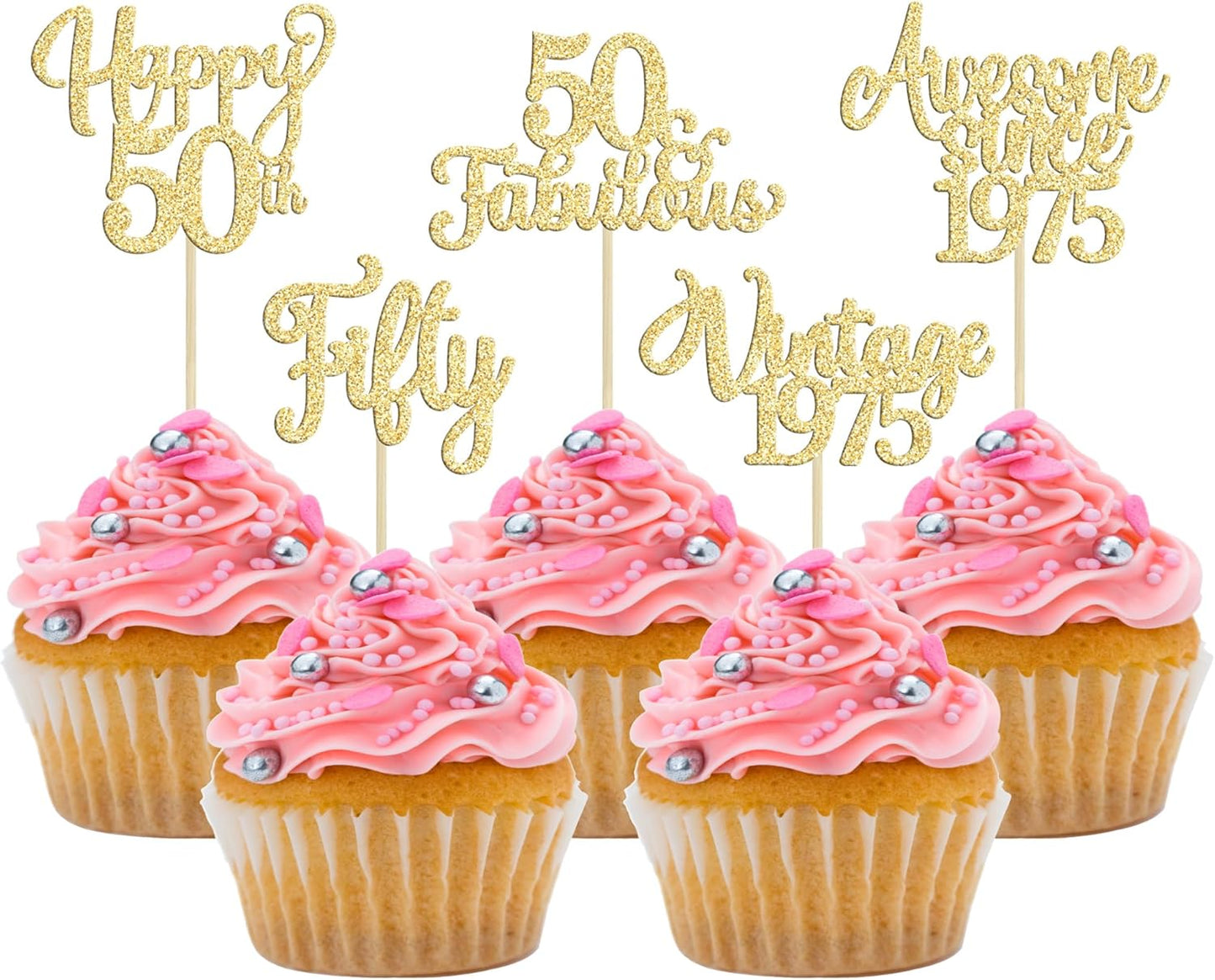 30Pcs Vintage 1975 Cupcake Toppers Glitter Fifty Happy 50th Birthday 50 Fabulous Cupcake Picks Cheers to 50 Years for 50th Birthday Wedding Anniversary Party Cake Decorations Supplies Gold