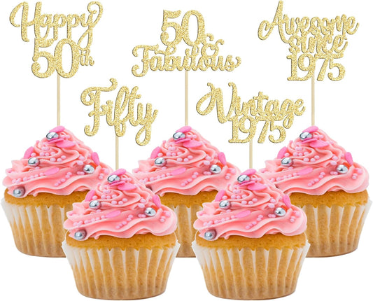 30Pcs Vintage 1975 Cupcake Toppers Glitter Fifty Happy 50th Birthday 50 Fabulous Cupcake Picks Cheers to 50 Years for 50th Birthday Wedding Anniversary Party Cake Decorations Supplies Gold