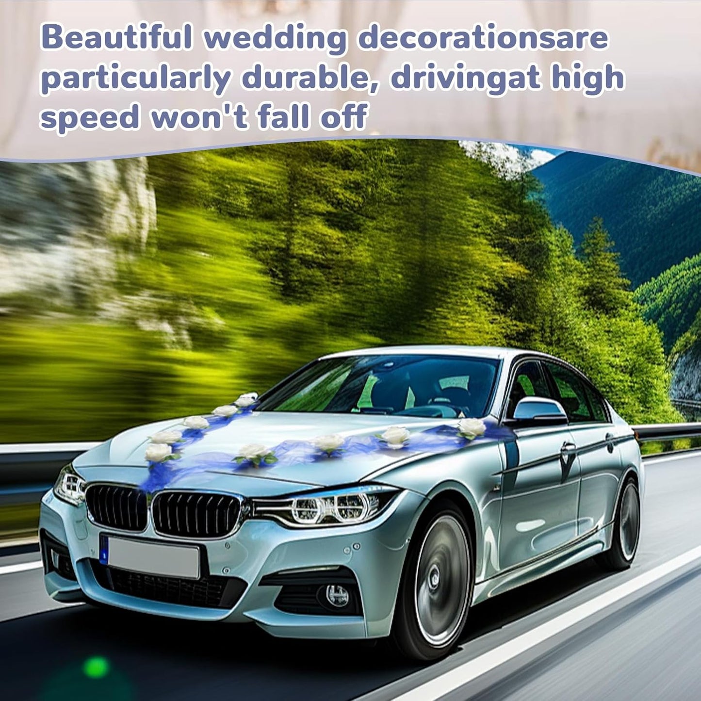Wedding Car Flower Decoration, White Floral Flowers and Blue Ribbon Set, Just Married Automotive Ornament Accessores for Bridal Shower Party Decor