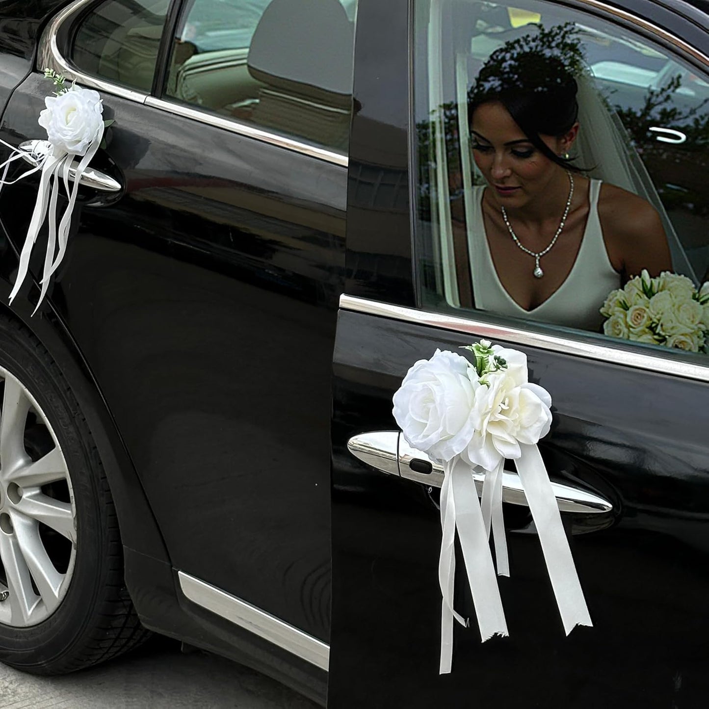 White Rose & Peony Wedding Car Door Handle Decor – 12 cm Artificial Flowers with Faux Greenery, Satin Ribbon Bow & Suction Cup – Versatile Bridal Vehicle & Mirror Ornament (Set of 4)