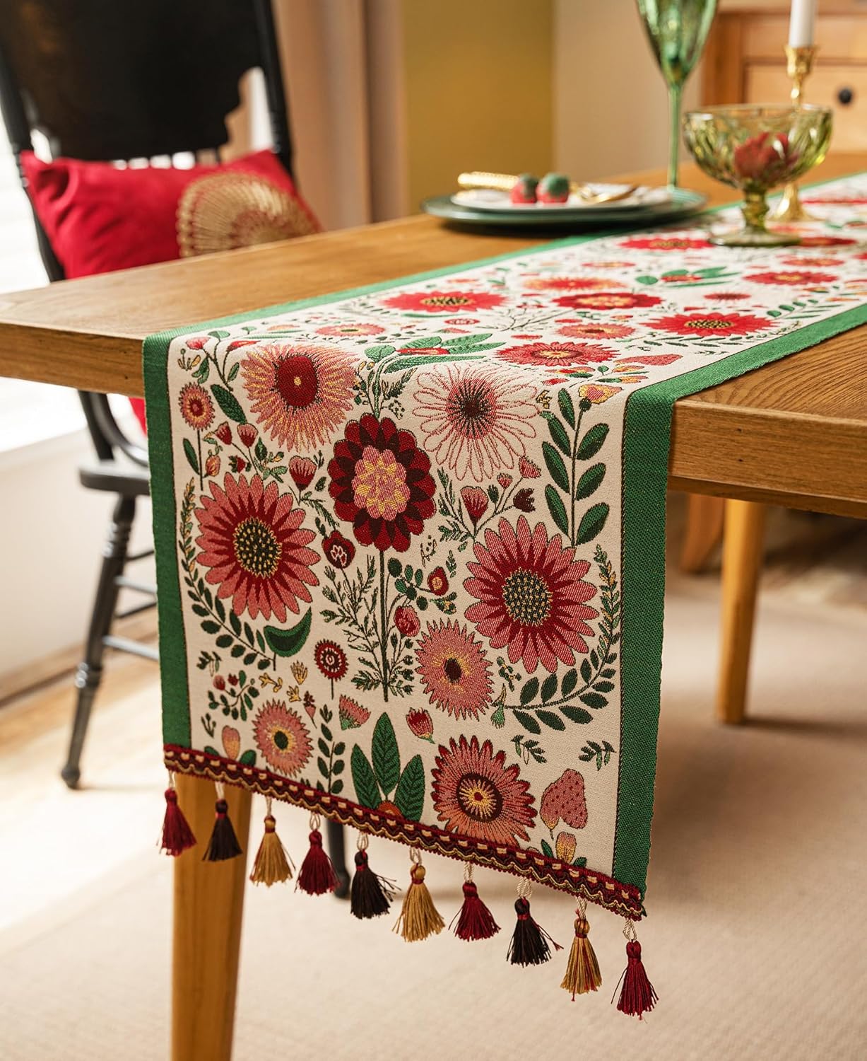 13×72 Inch Table Runner, Retro-Luxury Tassels Series for Kitchen Dining Table Holiday Decoration (Spring Blossom)