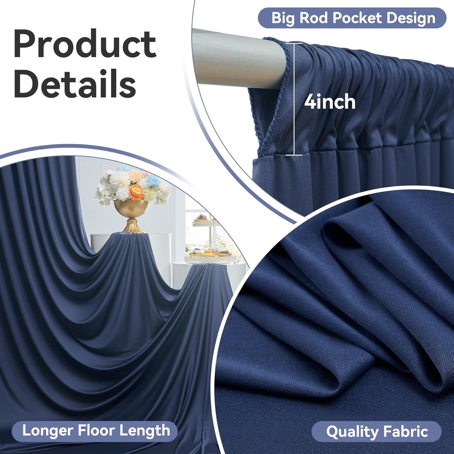 30ftx14FT Wrinkle Free Navy Blue Backdrop Curtain, 6 Panels 14FT Height Navy Blue Wedding Backdrop Drapes, Silky Polyester Back Drop Cloth for Birthday Photography Background Party Backdrop Draping
