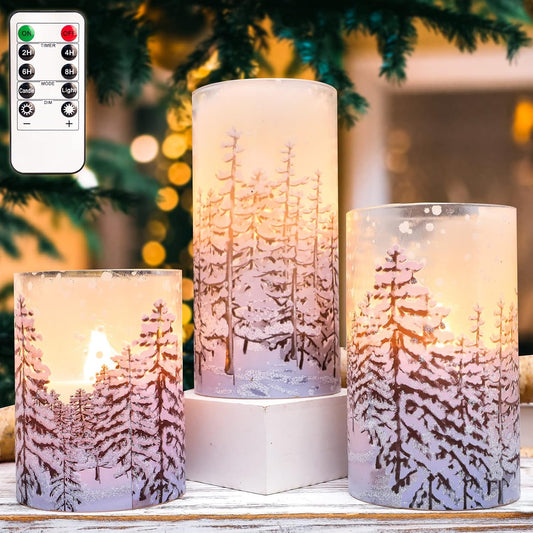 Silverstro Christmas Tree Flameless Candles with Remote Control & Timer Function, Real Wax Glass Candles, Home Party Wedding Holiday Xmas Decor, Set of 3