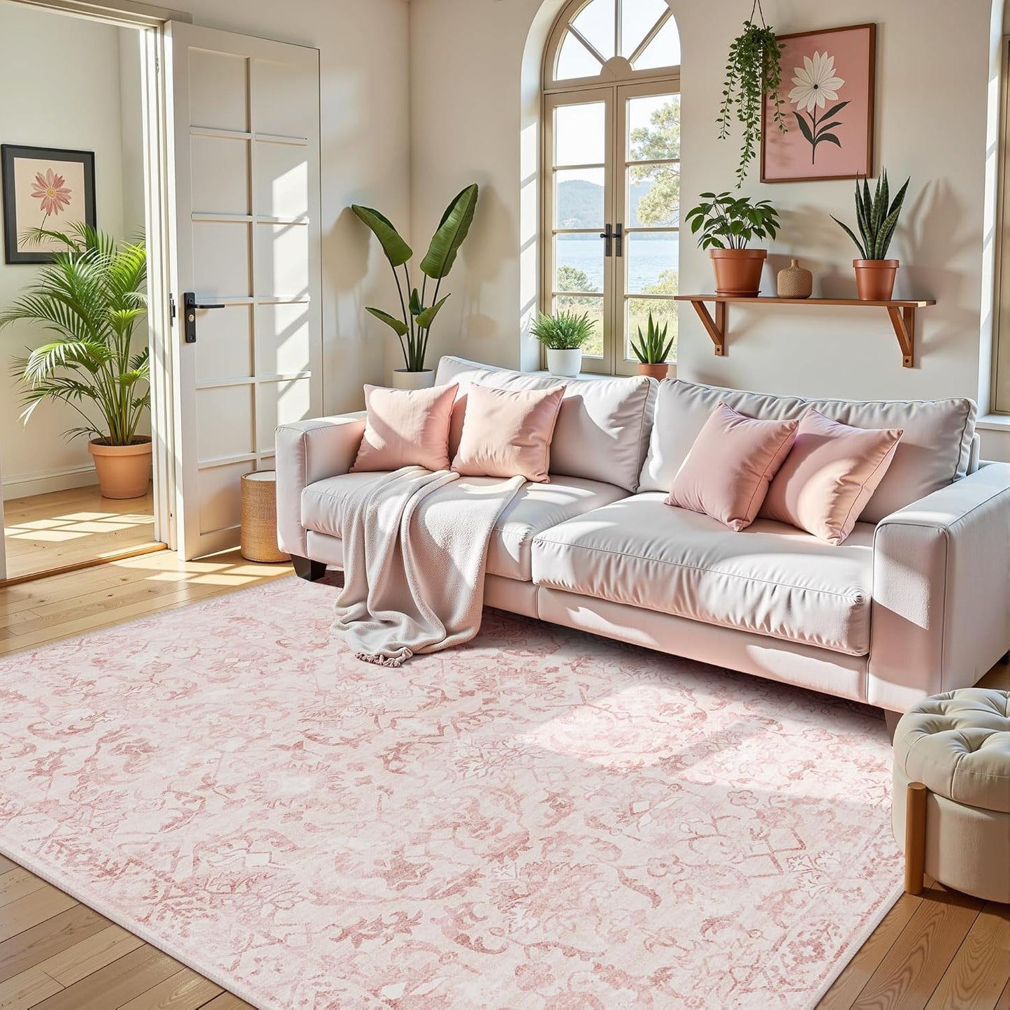 Pink Area Rugs 6x9 for Living Room, Washable Vintage Rugs for Bedroom, Distressed Throw Rug, Non Slip Rug Carpet for Bedroom Dining