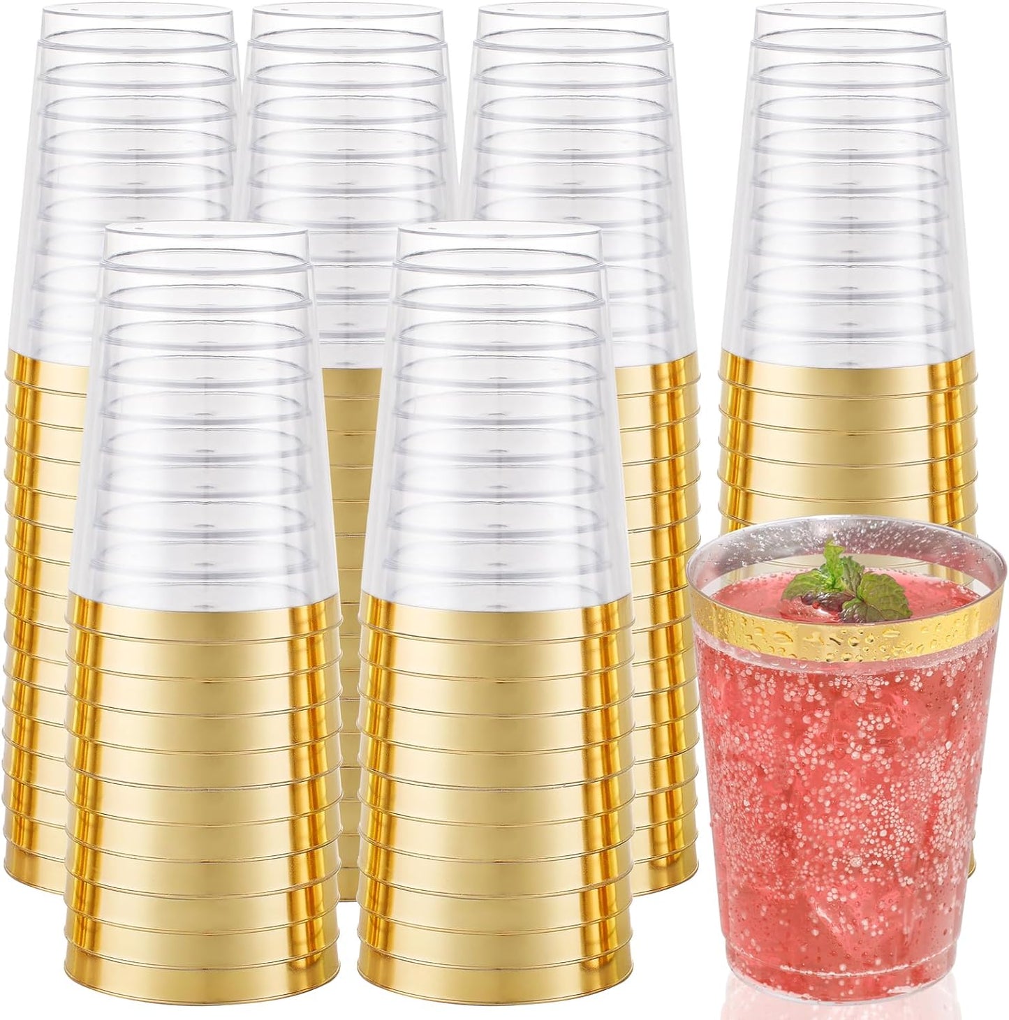 I00000 50 Pack 12 oz Gold Plastic Cups, Gold Rimmed Disposable Cups, Disposable Plastic Wine Glasses Cocktail Glasses Heavy Duty Cup with Golden Rim, 12 Ounce Tumblers for Party & Wedding