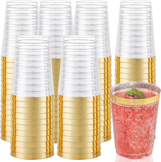 I00000 50 Pack 12 oz Gold Plastic Cups, Gold Rimmed Disposable Cups, Disposable Plastic Wine Glasses Cocktail Glasses Heavy Duty Cup with Golden Rim, 12 Ounce Tumblers for Party & Wedding