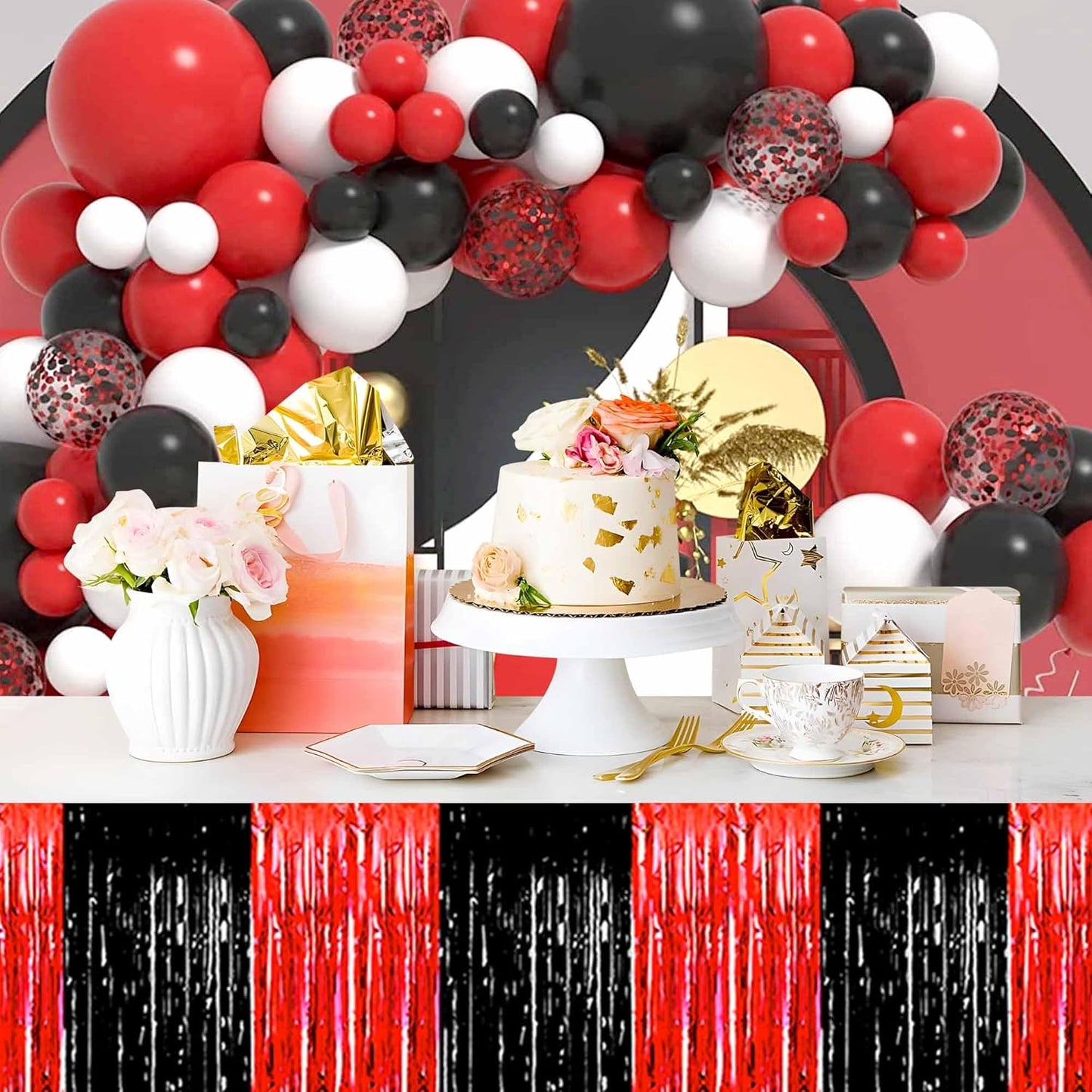3 Pack Black and Red Foil Fringe Table Skirts Metallic Tinsel Streamers Garland Banner Backdrop for Table Decor, Parade Float, Birthday, Wedding, Halloween, Christmas Party Decorations(29x108 In)