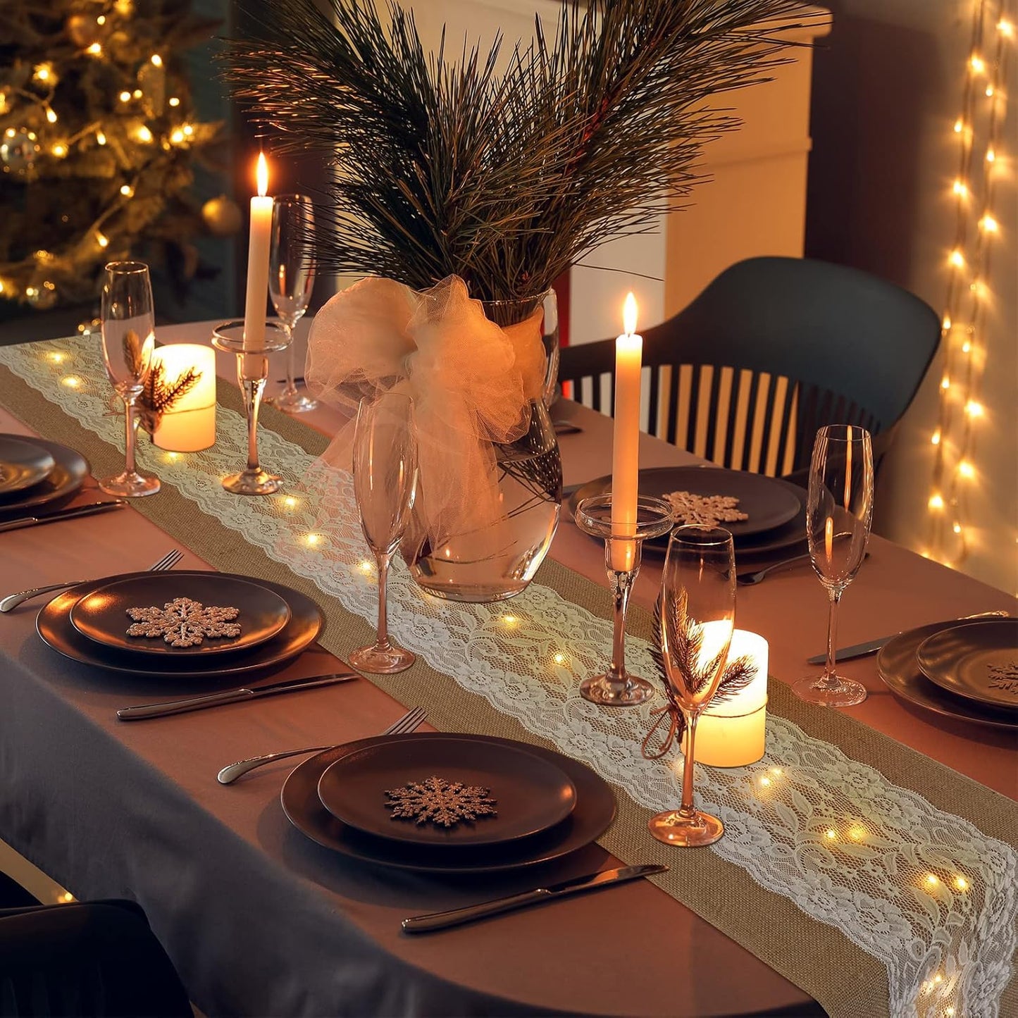 Tudomro 6 Pcs Burlap Table Runner with LED String Lights 12 x 108 Inches Rustic Jute Lace Table Runners Farmhouse Jute Linen Decoration Wedding Decor for Holiday Party Wedding Decorations