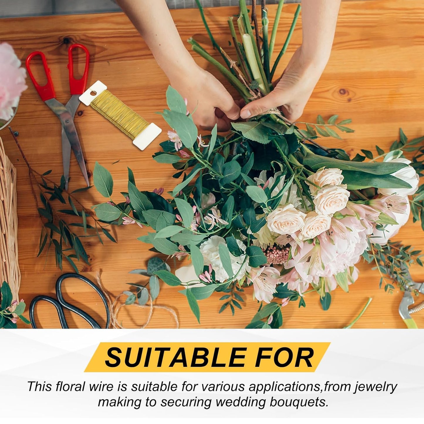 MECCANIXITY 190 Yards/575 Feet 27 Gauge Metal Floral Wire Gold Tone Flexible Paddle Thin Floral Wires for Craft, Christmas Wreath, Flower Arrangement, Wedding, Total 5 Roll