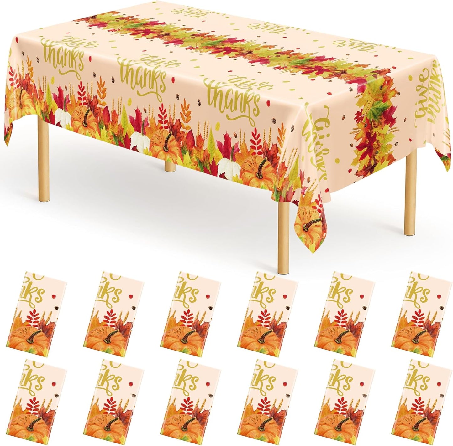 QZYL 12 Pack Thanksgiving Plastic Tablecloths, 54" x 108" Friendsgiving Tablecloth, Maple Leaves Pumpkin Rectangle Table Cloth Disposable Tablecover, Thanksgiving Party Supplies Fall Table Decor