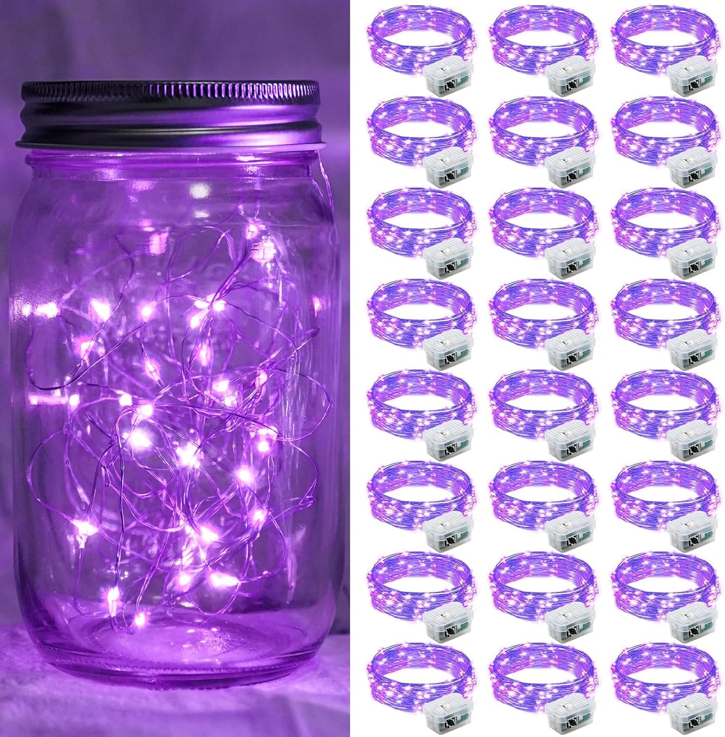 24 Pack Purple Fairy Lights 7Ft 20 LED Twinkle String Lights 3 Modes Battery Operated Waterproof Firefly Starry for Mason Jar Party Wedding Christmas Valentines Day Table Centerpieces