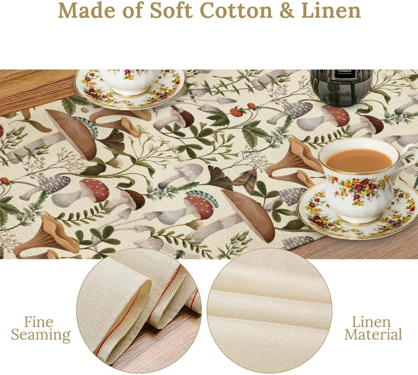 Mushroom Table Runner,Vintage Forest Flower Plant Print Table Runner for Kitchen Dining Table Home Party Decoration 13x72 Inch
