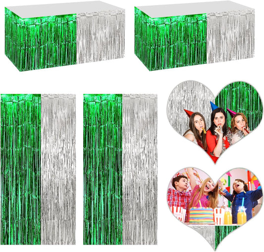 4P Metallic Foil Fringe Tinsel Table Skirts for Rectangle Tables Backdrop Banner Streamer Garland Curtains for Parade Floats Wedding Graduation Anniversary Birthday Parties Decoration (Silver Green)