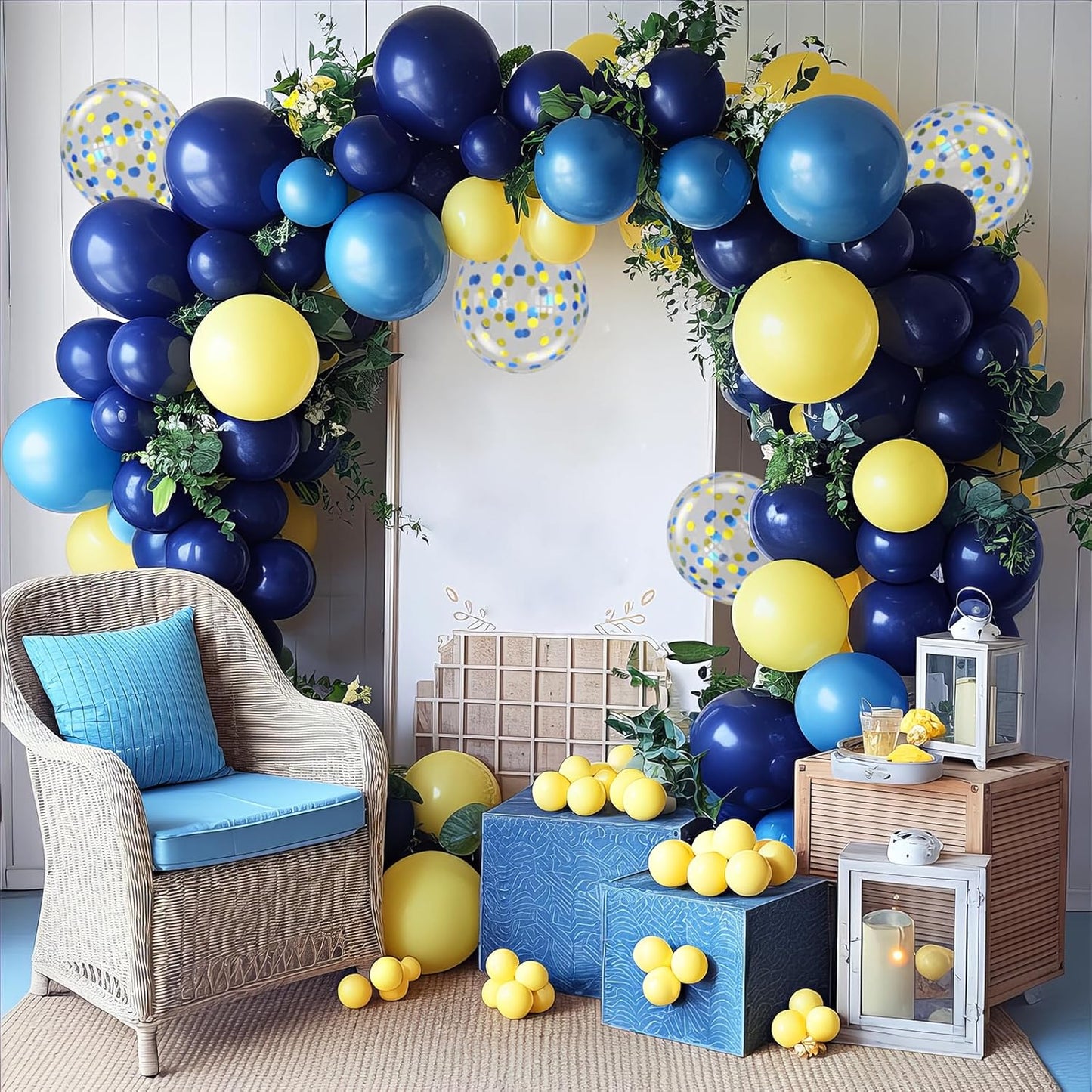 Yellow Blue Balloons, 12 Inches Blue Yellow Balloon Double Stuffed Metallic Blue Balloons with Confetti Ballons for Birthday Graduation Baby Shower Party Decoration