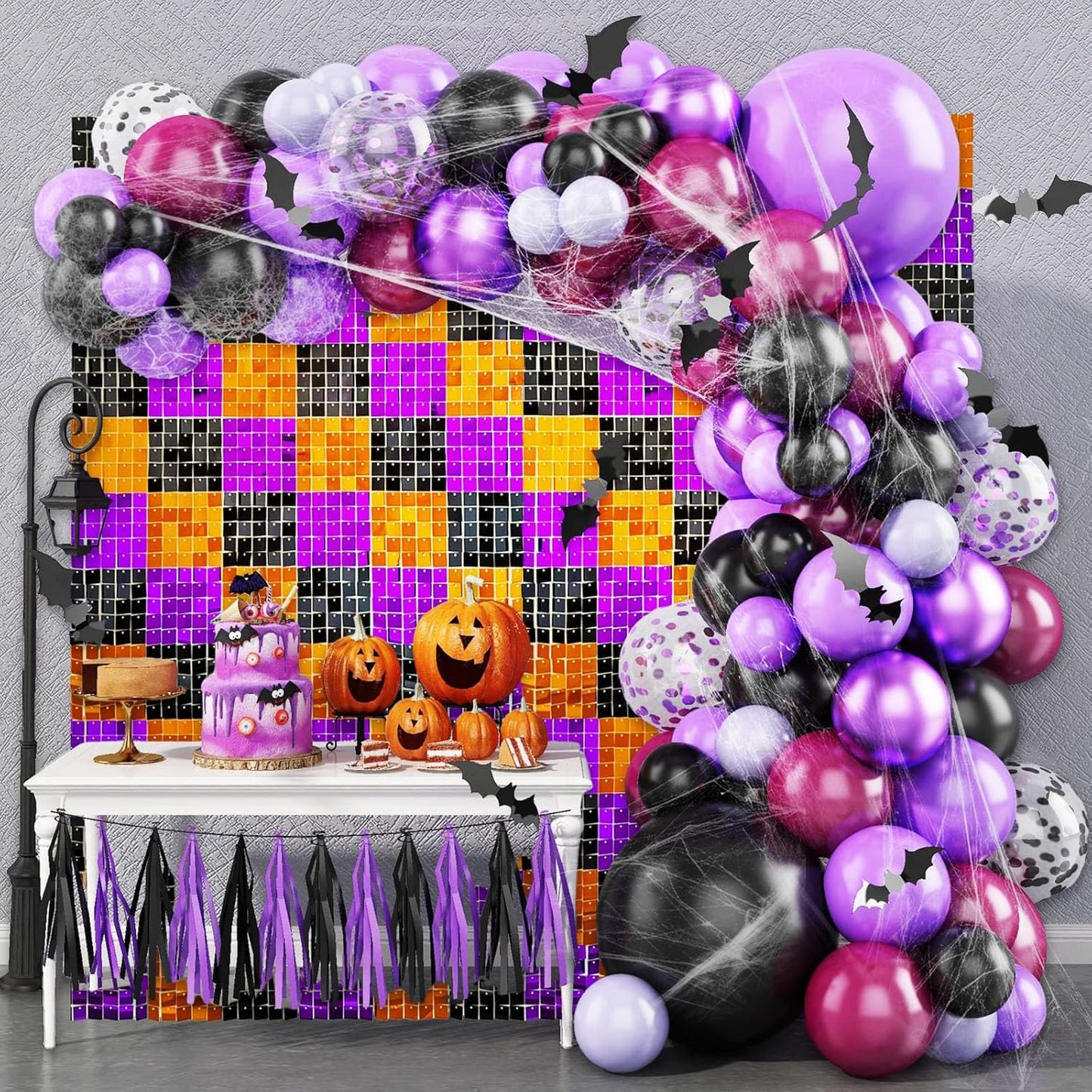 12PCS Black Orange Purple Shimmer Wall Backdrop, Laser Square Sequin Photo Backdrops Panel, Glitter Wall Background for Birthdays, Weddings, Halloween Party Decor (3FTx4FT)