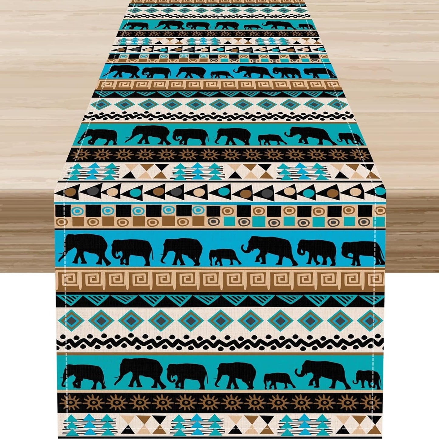 Boho Table Runner, Rustic Aztec Blue Teal African Elephant Tribal Ethnic Native Farmhouse Table Center Decor for Home Kitchen Dining Patio Holiday Party Indoor Outdoor Table Decorations, 13"x90" Inch