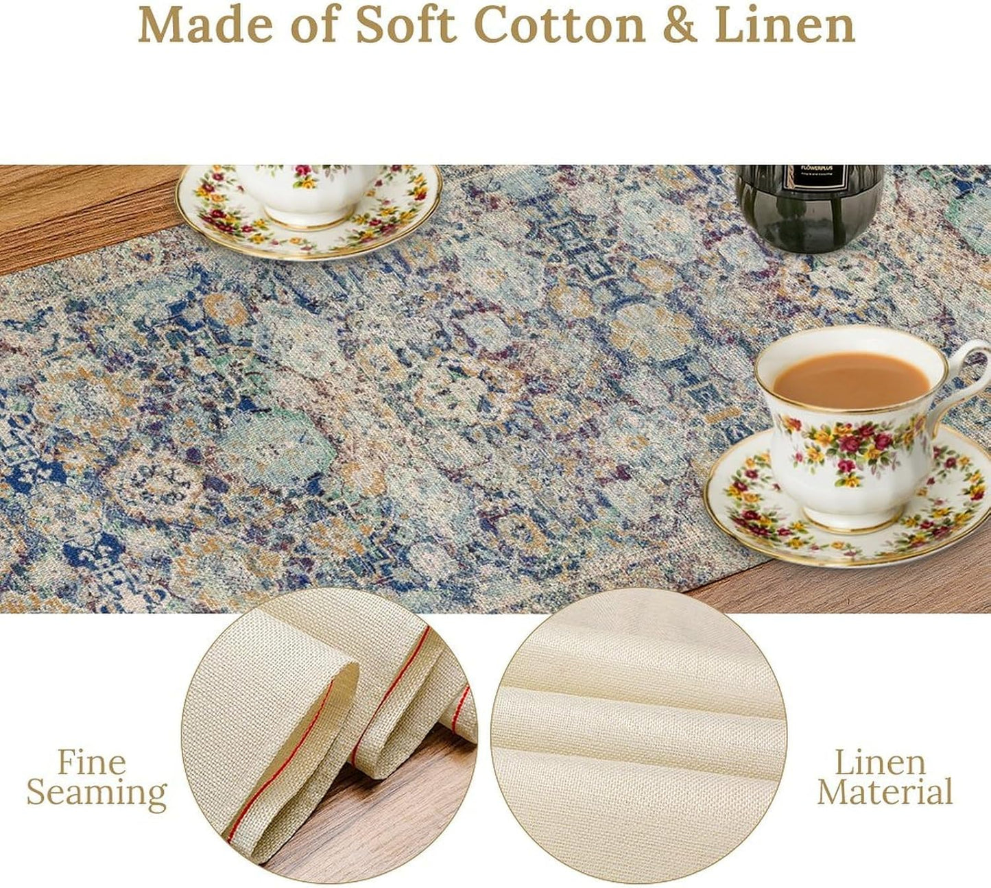 Vintage Boho Floral Table Runner, Rustic Country Farmhouse Blue Yellow Retro Flower Pattern for Home Kitchen Table Decor Dining Coffee Room Party Decor 13x72in