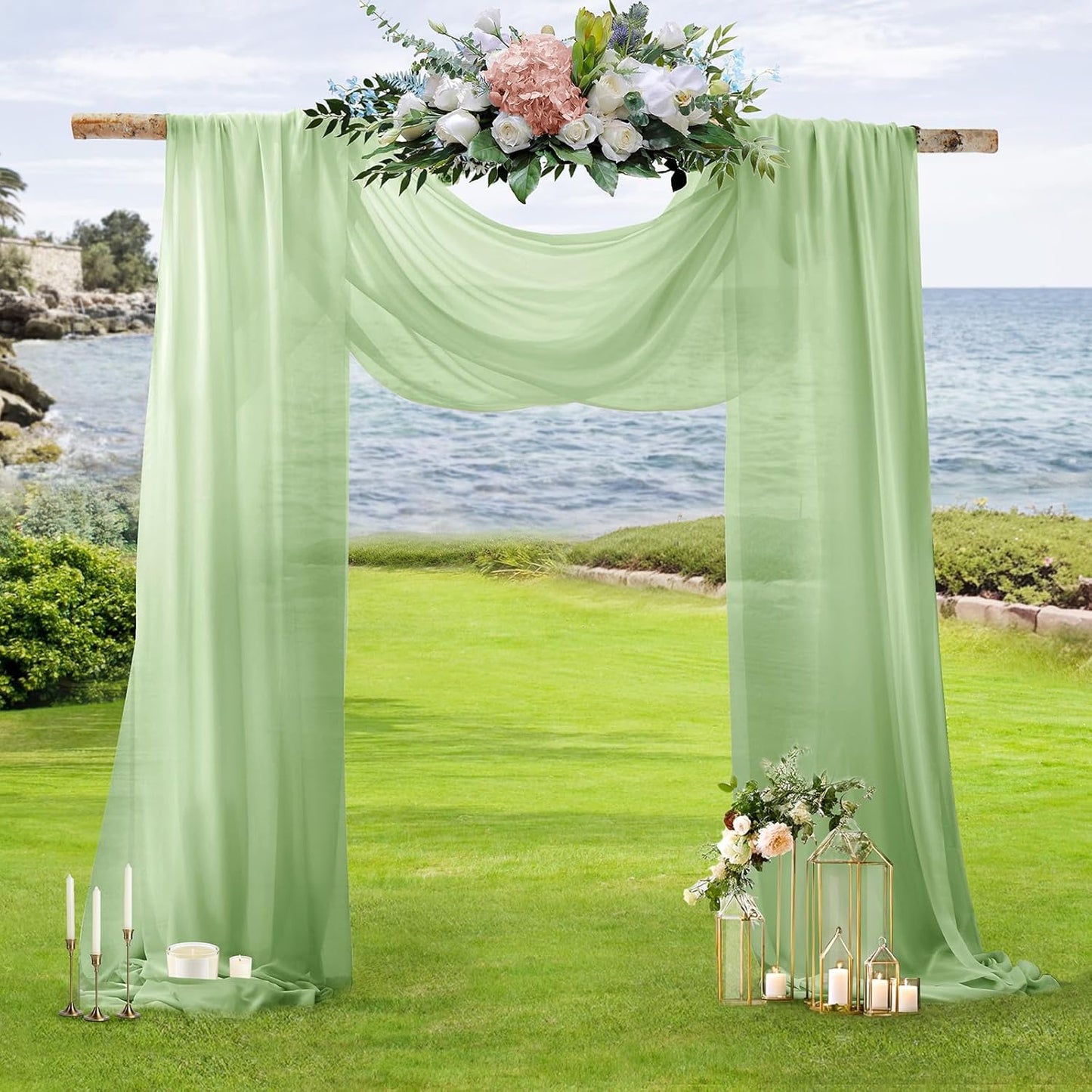 SiinvdaBZX 2 Panels Wedding Arch Draping Fabric 30" x 20Ft Sage Green Sheer Chiffon Fabric Outdoor Extra Long Decorative Drapery Fabric for Party Ceremony Ceiling Curtain Backdrop