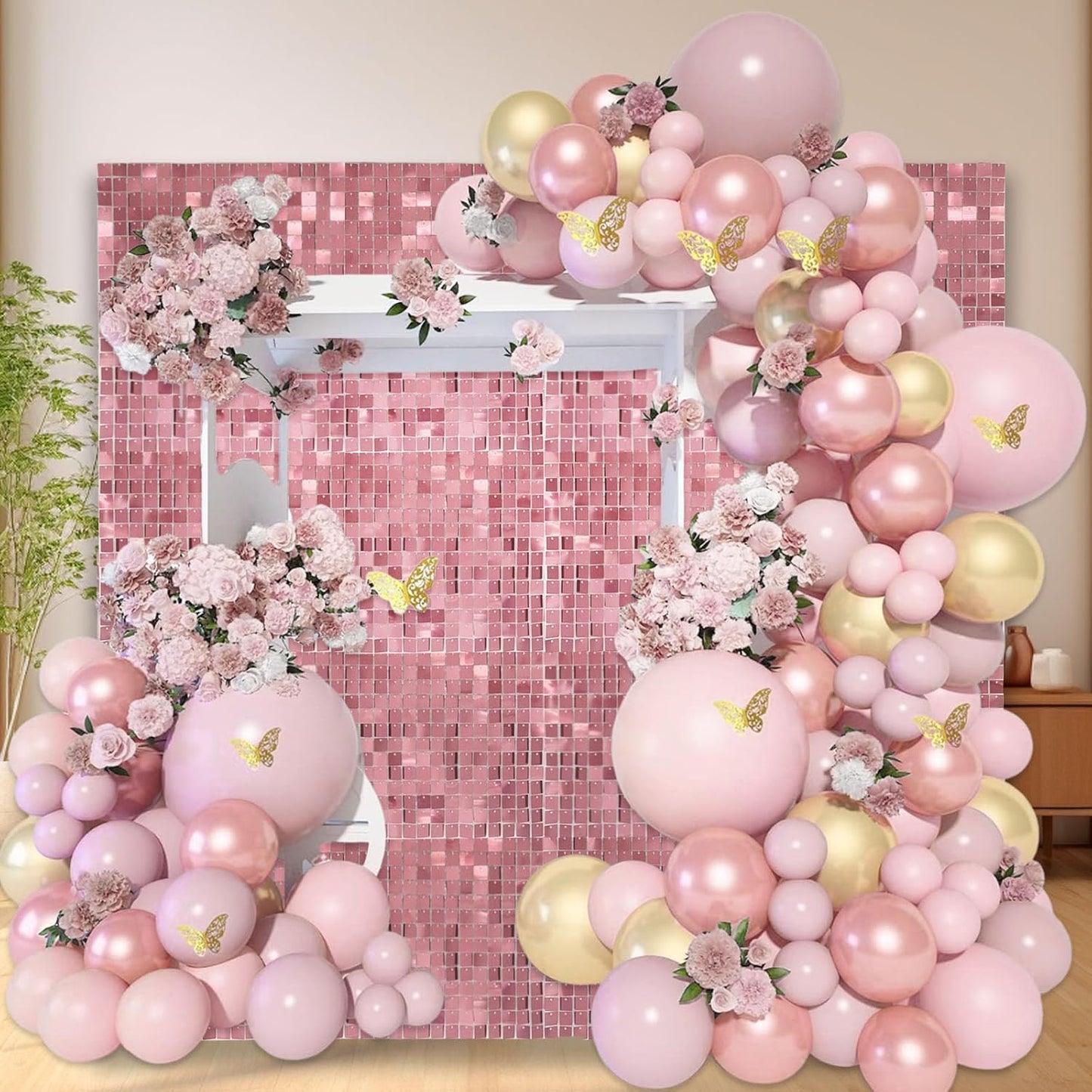 12PCS Pink Shimmer Wall Backdrop, Square Sequin Photo Backdrops Panel, Glitter Wall Background for Birthdays, Weddings, Graduation, Engagements, Disco Bachelorette Party Decoration (3FTx4FT)