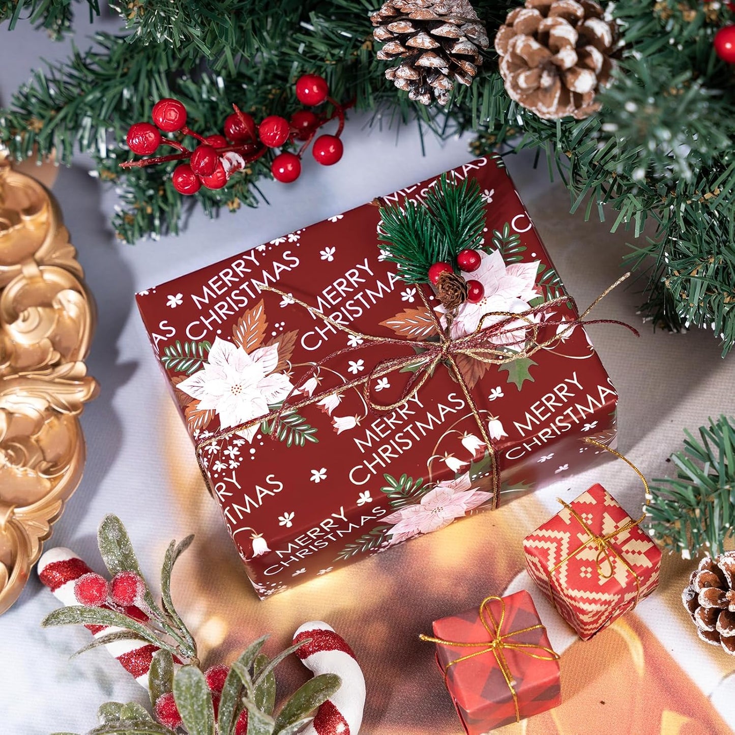 LeZakaa Christmas Wrapping Paper Roll - Red Flower & Merry Christmas Letter Pattern for Holiday, Party - 17 inches x 32.8 Feet (46.45 sq.ft.)